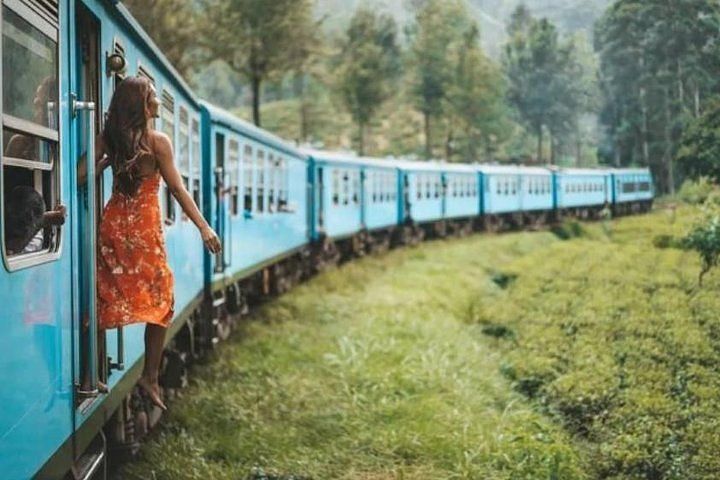 Guest leaning out of the blue hill-country train